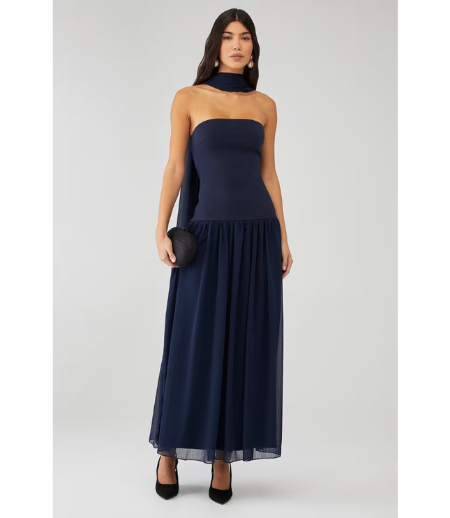 Navy strapless maxi dress with sheer overlay and scarf neck tie for wedding guest