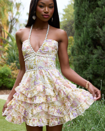 Women's Wedding Guest Pink Floral Halter Mini Dress