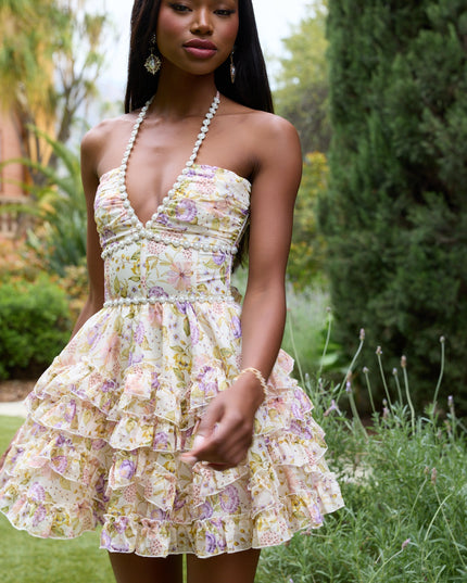 Women's Wedding Guest Pink Floral Halter Mini Dress