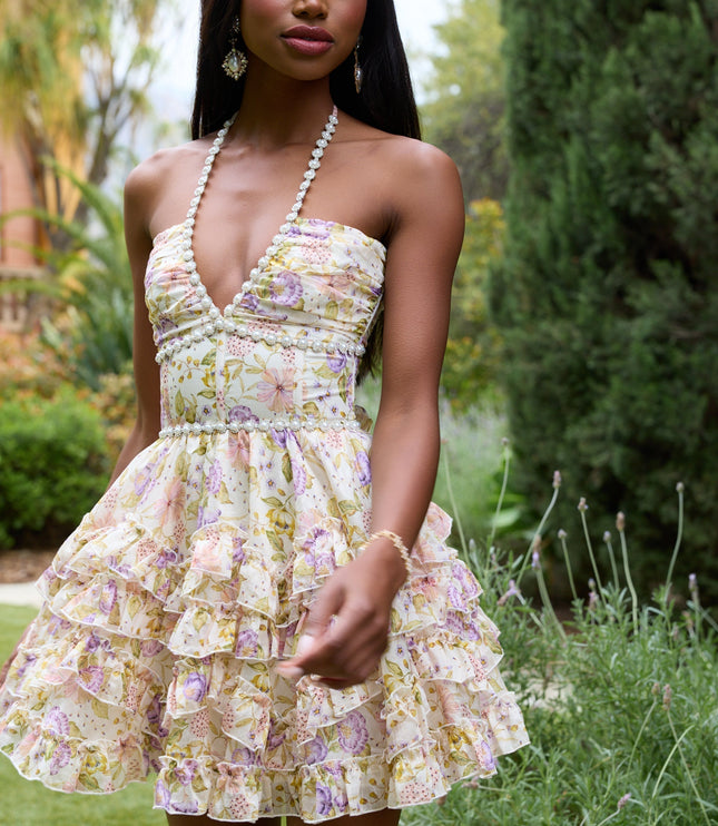 Vestido mini halter rosa con flores para invitada de boda para mujer