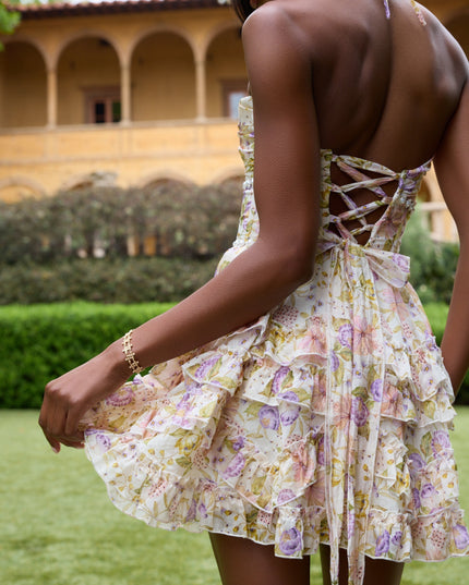 Women's Wedding Guest Pink Floral Halter Mini Dress