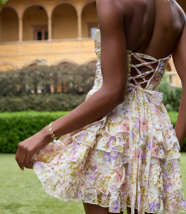 Vestido mini halter rosa con flores para invitada de boda para mujer