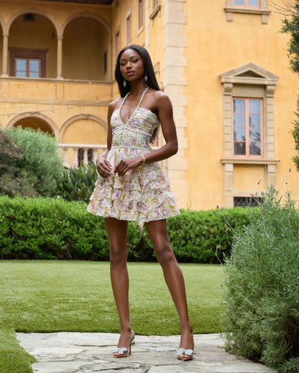 Women's Wedding Guest Pink Floral Halter Mini Dress