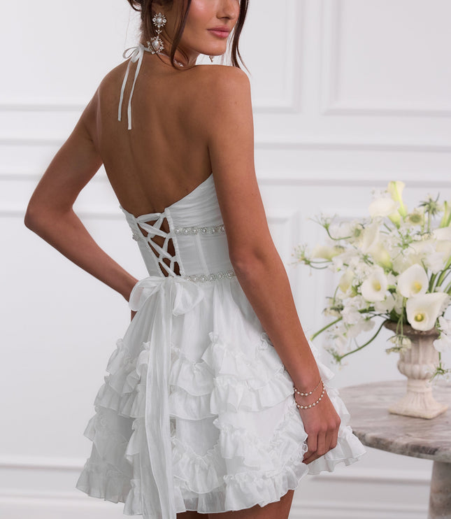 Vestido mini halter rosa con flores para invitada de boda para mujer