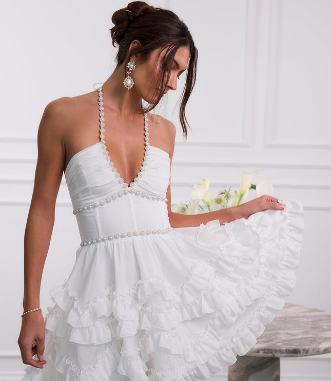 Vestido mini halter rosa con flores para invitada de boda para mujer