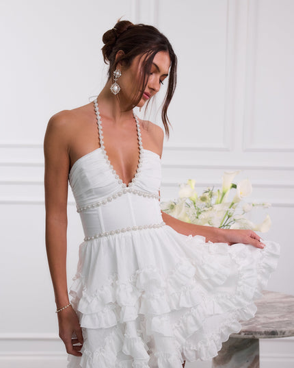 Women's Wedding Guest Pink Floral Halter Mini Dress