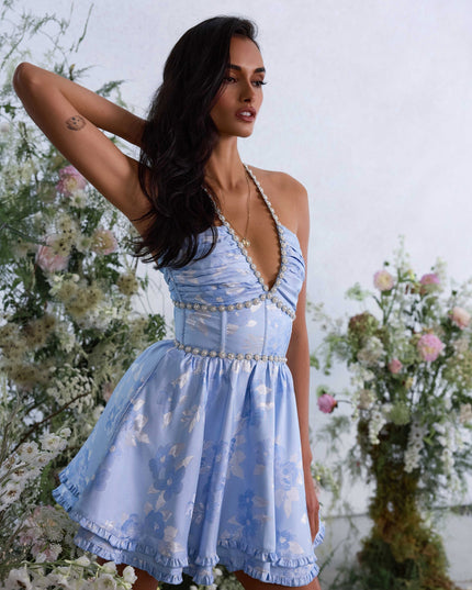 Women's Wedding Guest Pink Floral Halter Mini Dress