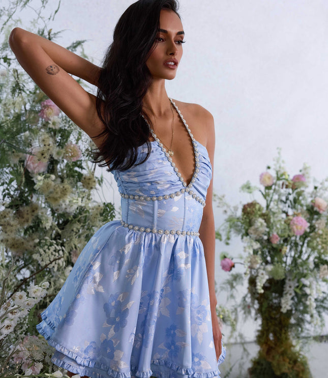 Vestido mini halter rosa con flores para invitada de boda para mujer