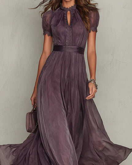 Purple keyhole maxi dress for women with lace collar, cinched waist, and soft draped skirt