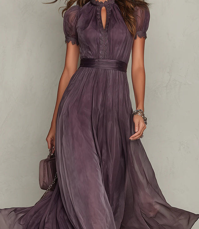 Purple keyhole maxi dress for women with lace collar, cinched waist, and soft draped skirt