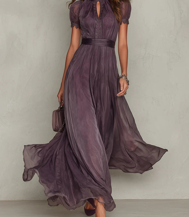 Purple keyhole maxi dress with lace trim, short puff sleeves, and flowing chiffon skirt