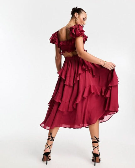 Burgundy ruffle midi dress with off-shoulder sleeves and tiered skirt, elegant wedding guest dress