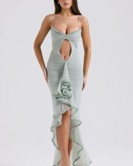 Front view of light blue sheer maxi dress with ruffle trim and deep front cutout