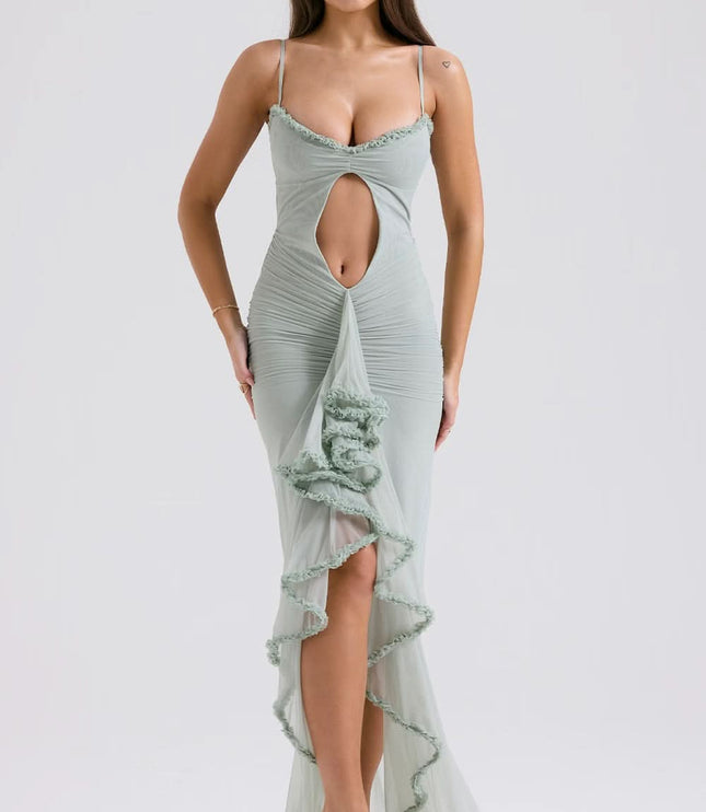 Front view of light blue sheer maxi dress with ruffle trim and deep front cutout