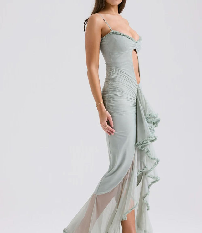 Side view of sage sheer ruffle maxi dress with straps and high slit