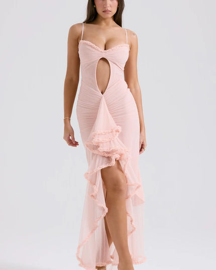 Pink sheer ruffle maxi dress with front cutout and flowing skirt for wedding guest