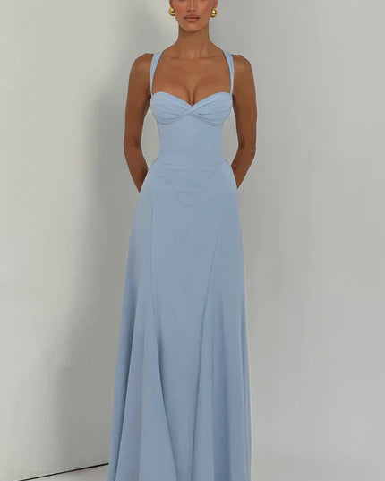 Light blue maxi dress with sweetheart bust and wide straps, elegant wedding guest dress