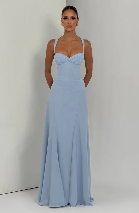 Light blue maxi dress with sweetheart bust and wide straps, elegant wedding guest dress