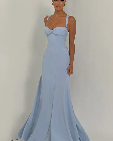 Light blue fitted maxi dress with flared skirt and sweetheart neckline, formal wedding guest dress