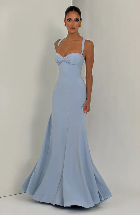 Light blue fitted maxi dress with flared skirt and sweetheart neckline, formal wedding guest dress