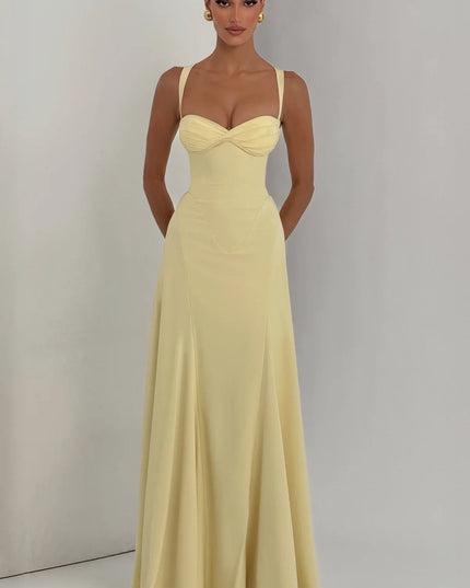 Front view of lemon yellow maxi dress with structured bust and floor-length skirt