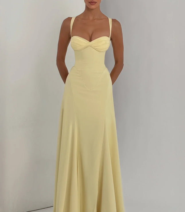Front view of lemon yellow maxi dress with structured bust and floor-length skirt
