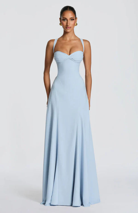 Lemon yellow wedding guest maxi dress with sweetheart top and smooth fitted silhouette