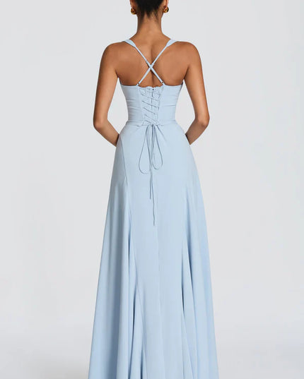Light blue maxi dress with sweetheart neckline and flowing skirt for wedding guest style