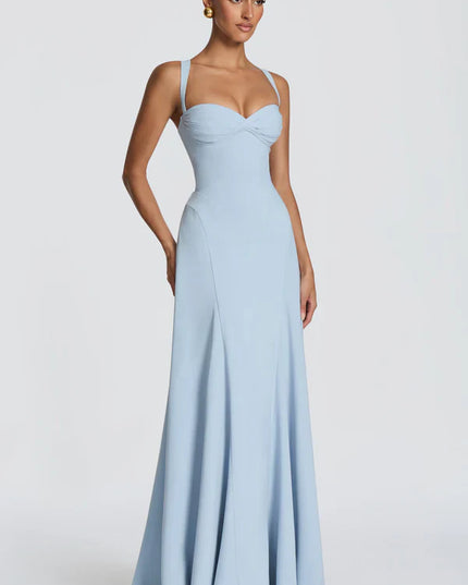 Close-up of light blue wedding guest maxi dress showing sweetheart neckline and bodice