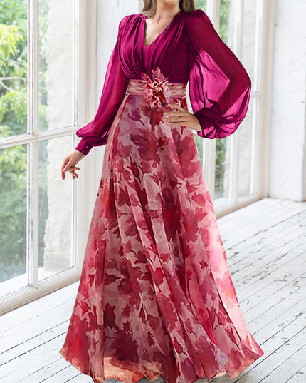 Magenta v-neck maxi dress with pink floral print and puff sleeves