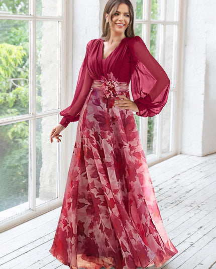 Burgundy floral v-neck long sleeve maxi dress with puff sleeves