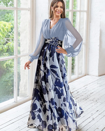 Navy floral maxi dress with v-neck and sheer cape sleeves