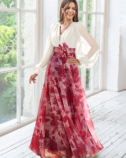 Ivory long sleeve maxi dress with burgundy floral print skirt