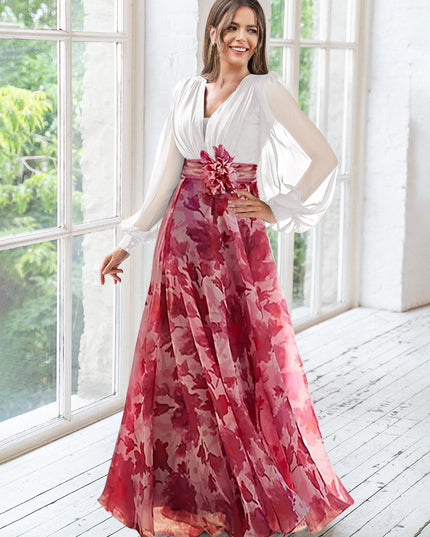 Coral v-neck long sleeve maxi dress with burgundy floral skirt