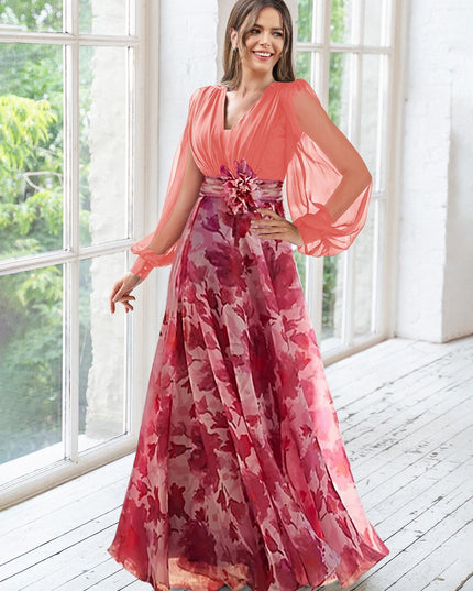 Lavender v-neck maxi dress with purple floral print and sheer sleeves