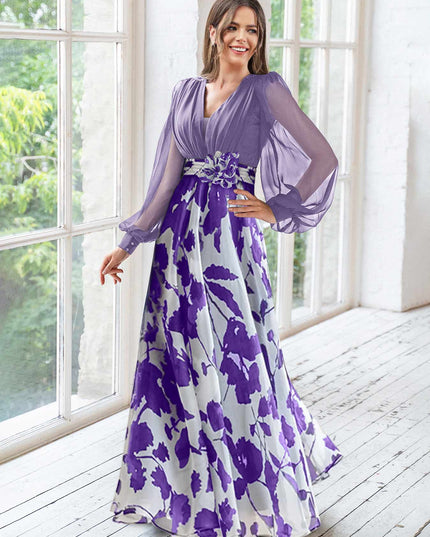 Lilac long sleeve v-neck maxi dress with purple floral design