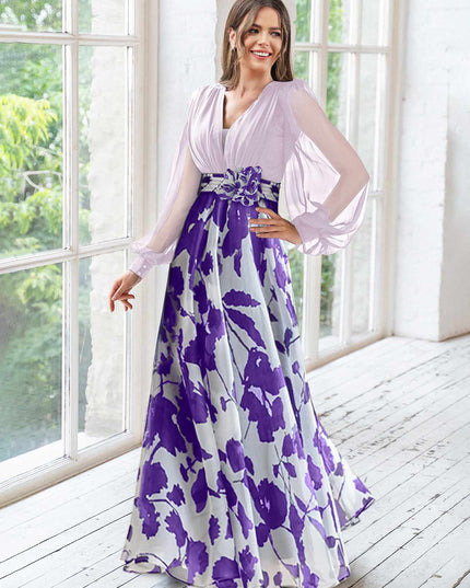 Light purple v-neck maxi dress with purple floral pattern and cape sleeves