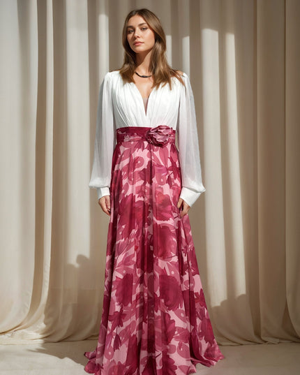 White and burgundy floral maxi dress with long sleeves and cinched waist
