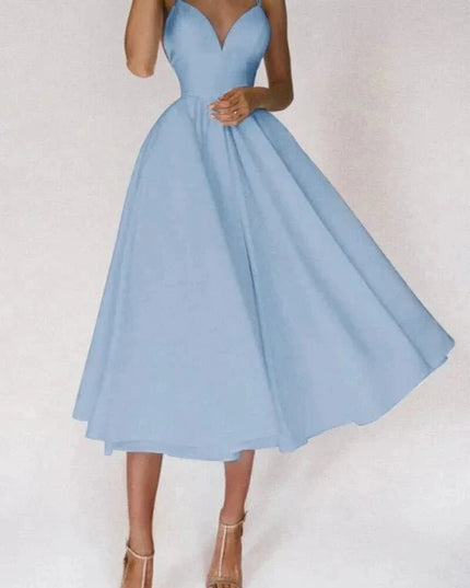 Front view of light blue wedding guest midi dress with V neck and full skirt