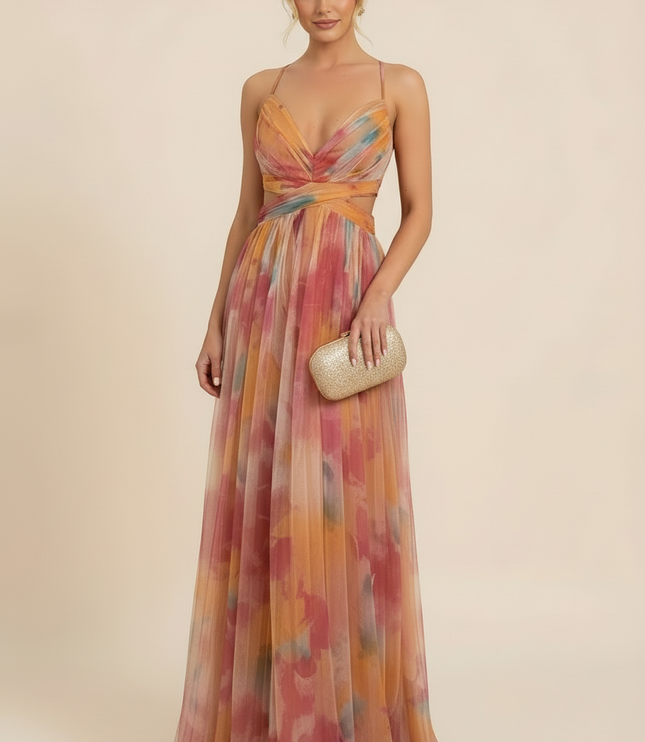Spaghetti strap watercolor floral maxi sundress with empire waist in warm tones