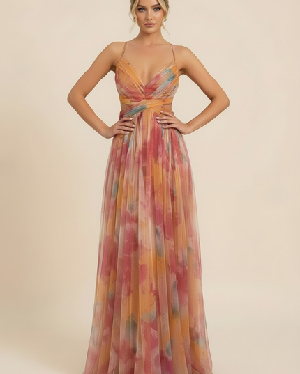 Front view watercolor floral maxi dress with V-neckline and cinched waist band