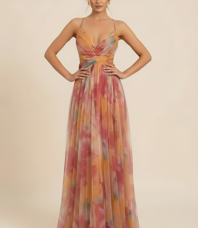 Front view watercolor floral maxi dress with V-neckline and cinched waist band