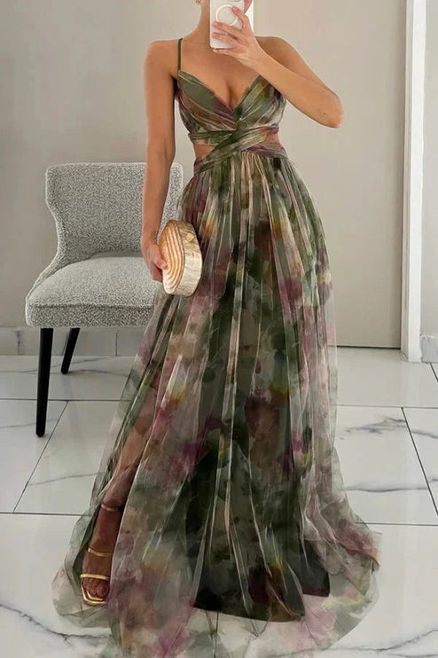 Watercolor floral maxi dress in sage green and burgundy with wrap bodice front