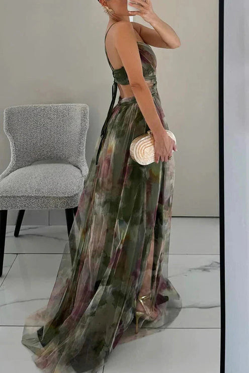 Back view of sage and burgundy watercolor floral maxi dress with lace-up straps