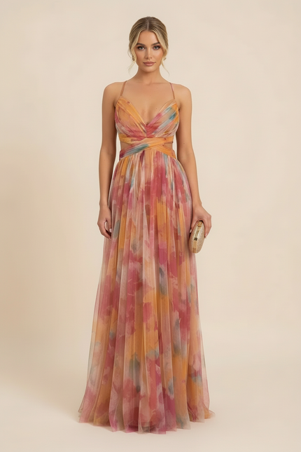 Watercolor floral maxi dress with wrap bodice and pleated skirt in pink, orange, and blue