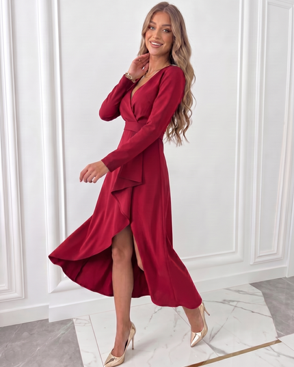 Red wrap midi dress with long sleeves, V-neck top and draped skirt for elegant wedding guest wear