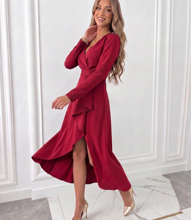 Red wrap midi dress with long sleeves, V-neck top and draped skirt for elegant wedding guest wear