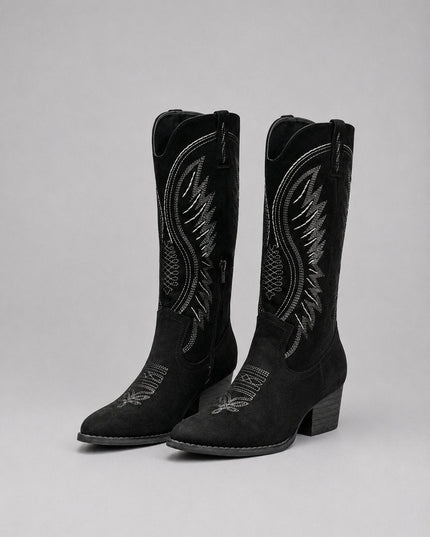 Women's Western Embroidered Suede Knee-High Ankle Boots - Black
