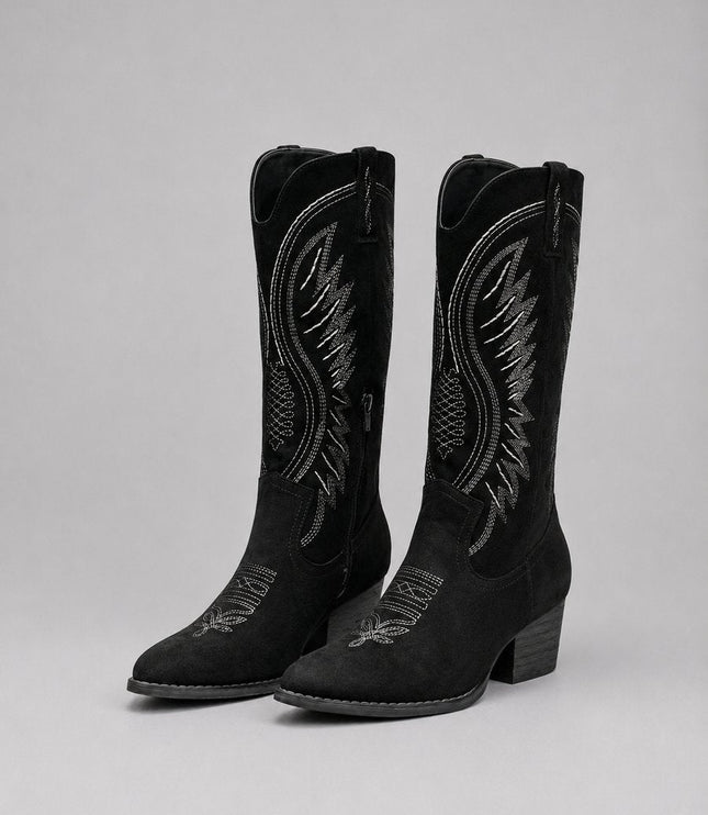 Women's Western Embroidered Suede Knee-High Ankle Boots - Black