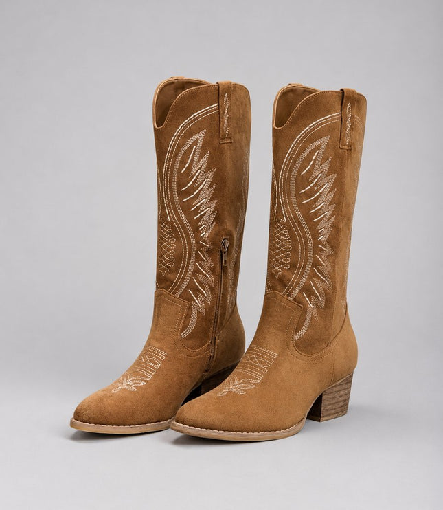 Women's Western Embroidered Suede Knee-High Ankle Boots - Brown